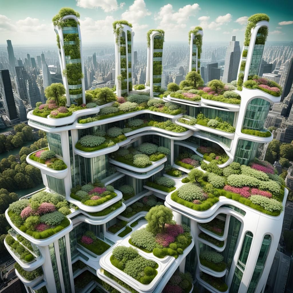 Futuristic Cityscape with Green Roof Gardens