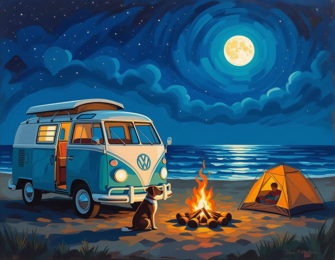 VW Campervan Bonfire on Starry Beach as Encaustic Painting