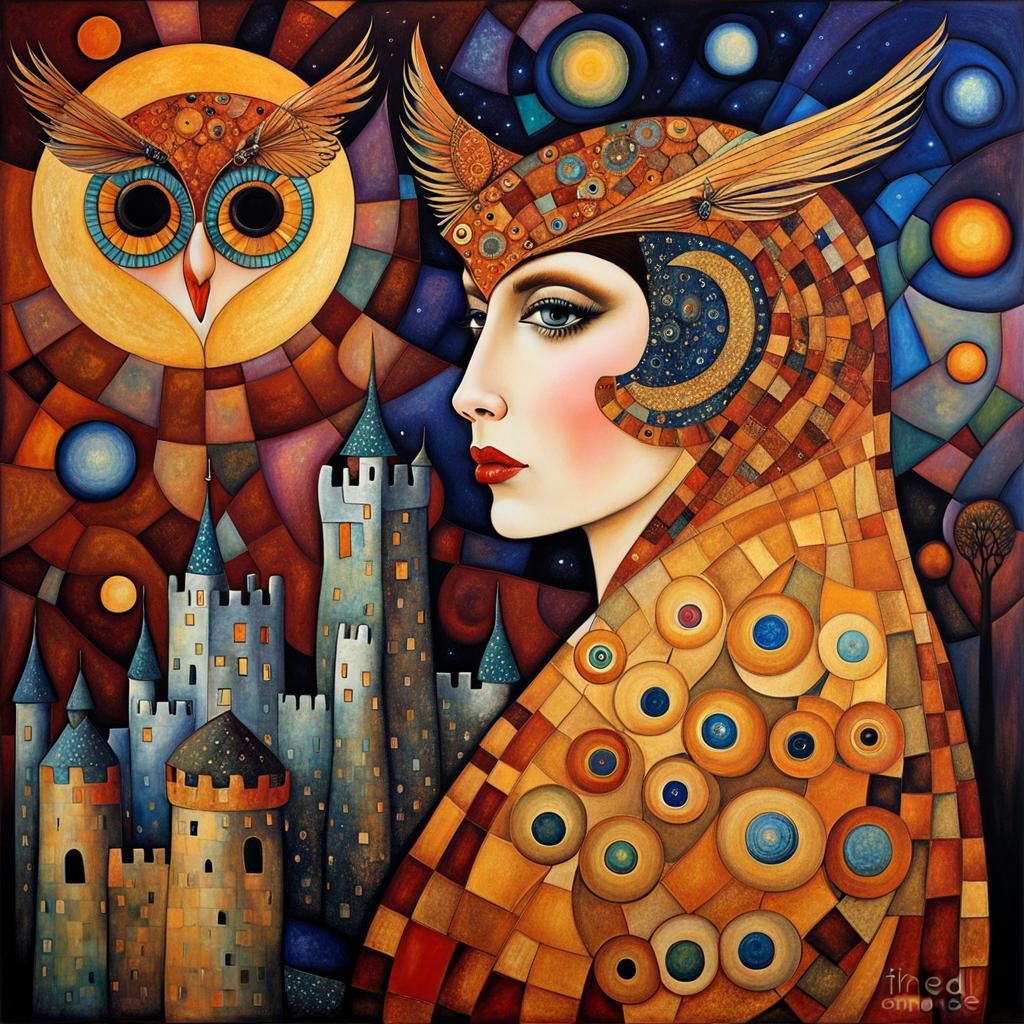 Klimt-Inspired Portrait: Woman, Owl and Starscape