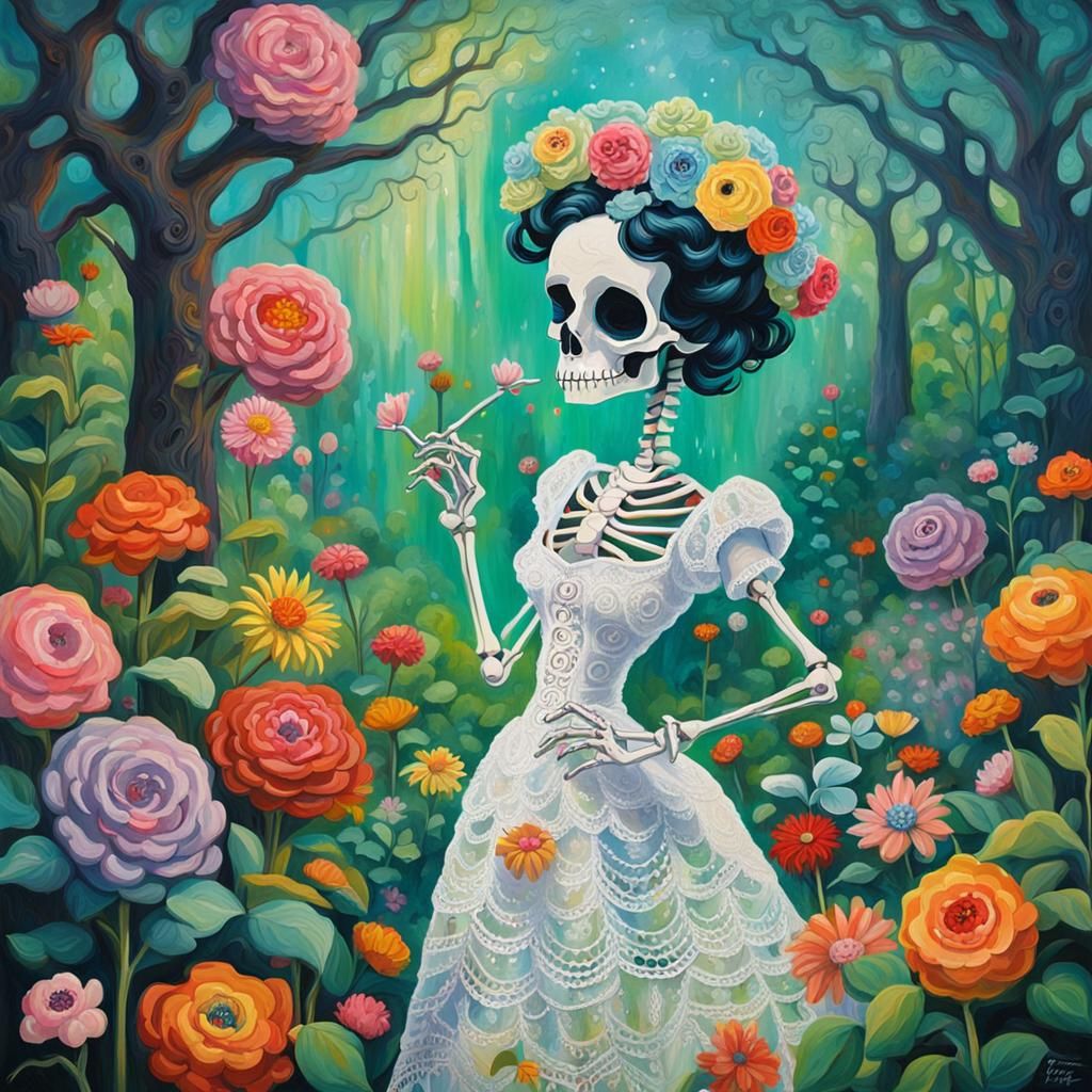 Betty Boop Skeleton in a Candyland Garden
