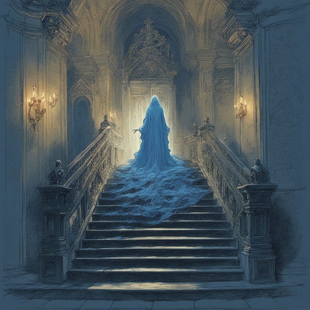Ghostly Apparition on Gothic Staircase