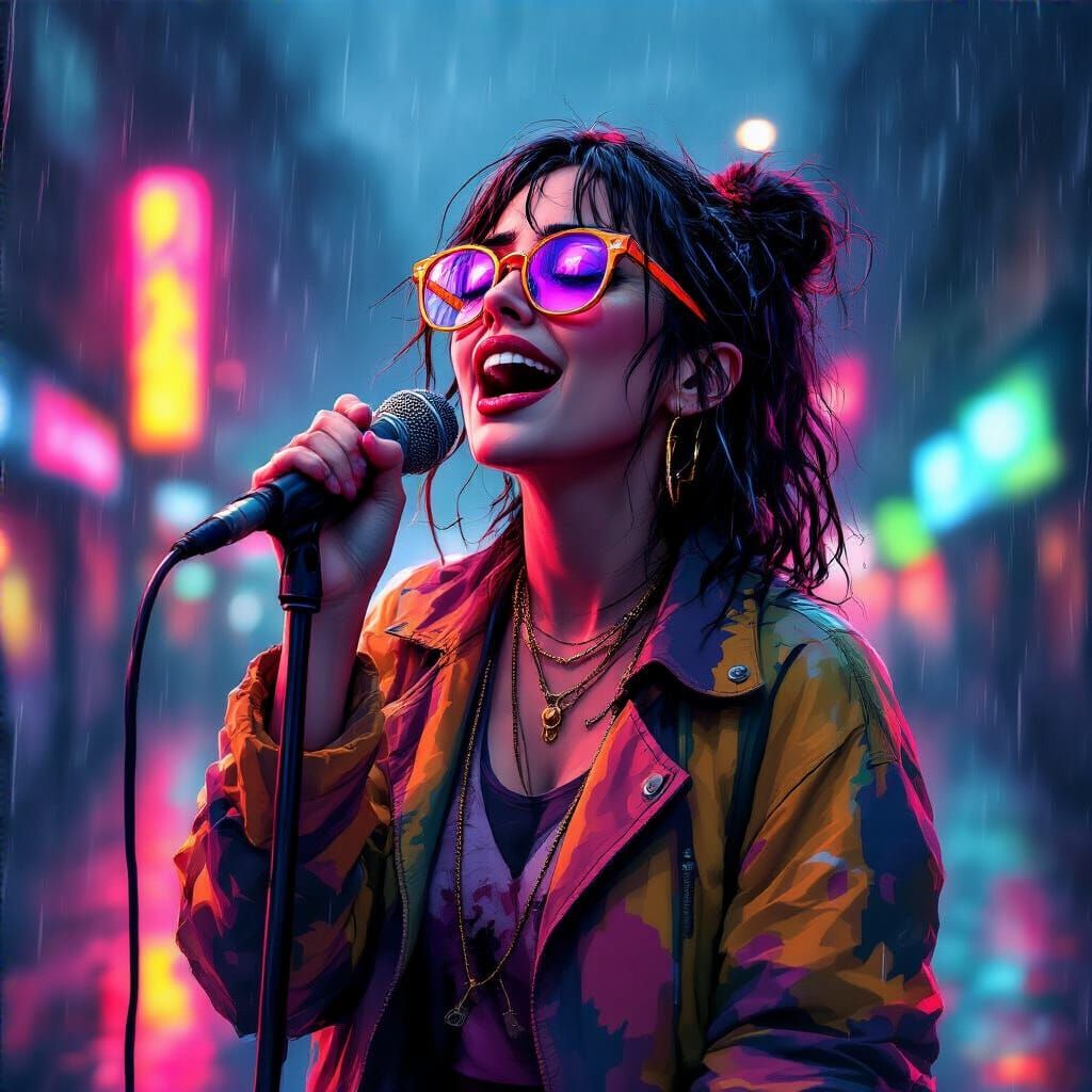 Passionate Singer in Rainy Neon Cityscape