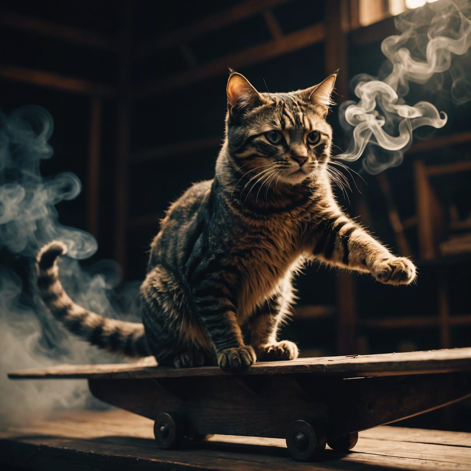 Ethereal Smoke Cat on Wooden Plane