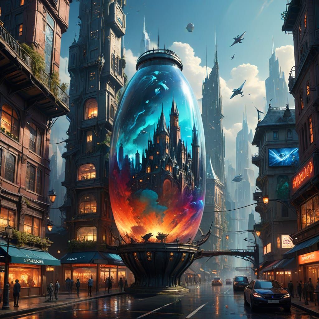 Surreal Futuristic Cityscape Inside a Glass Bottle in Space