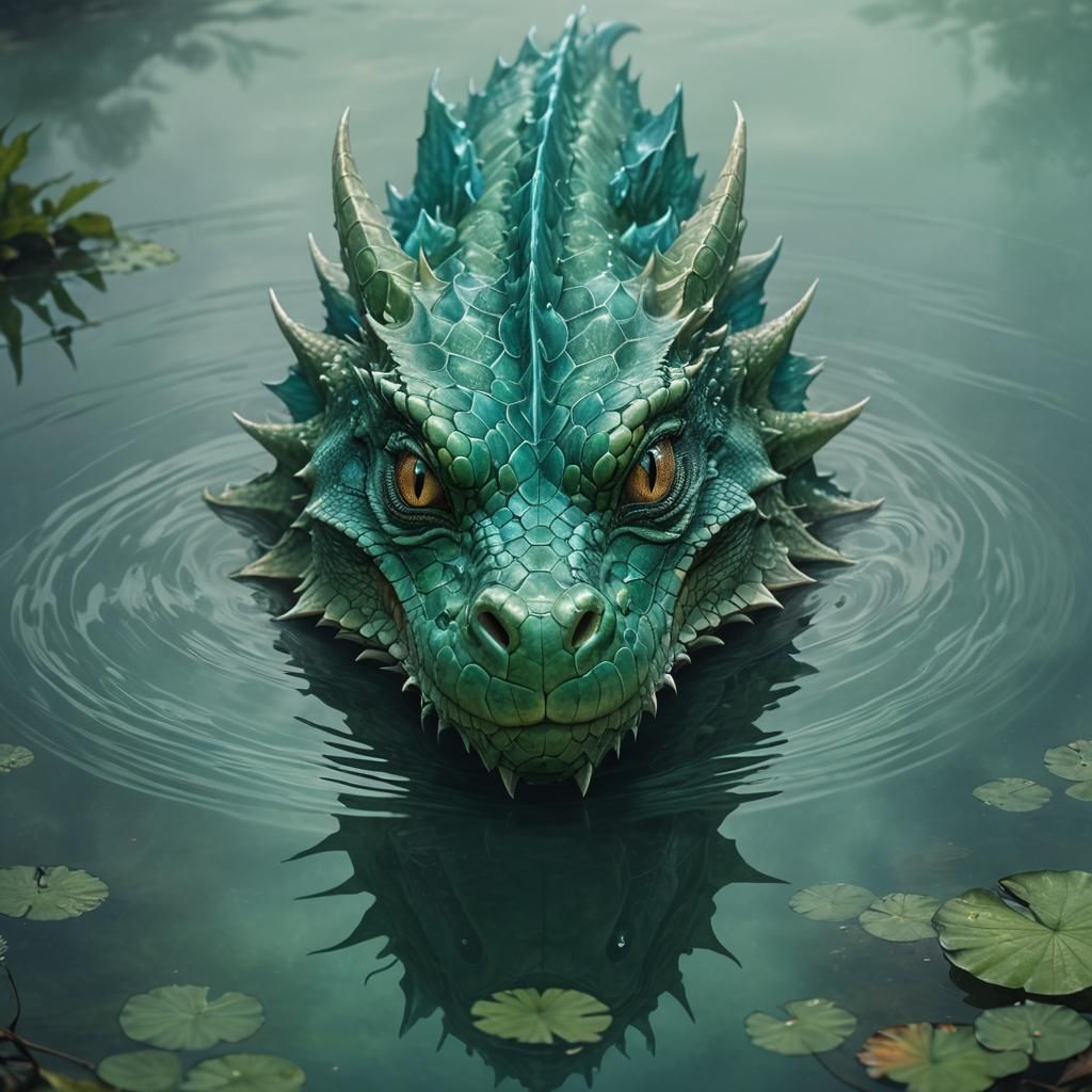 Water Dragon Emerges from Misty Lake in Digital Art