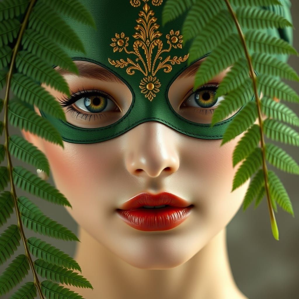 Close-Up Portrait of Woman with Mask and Green Eyes