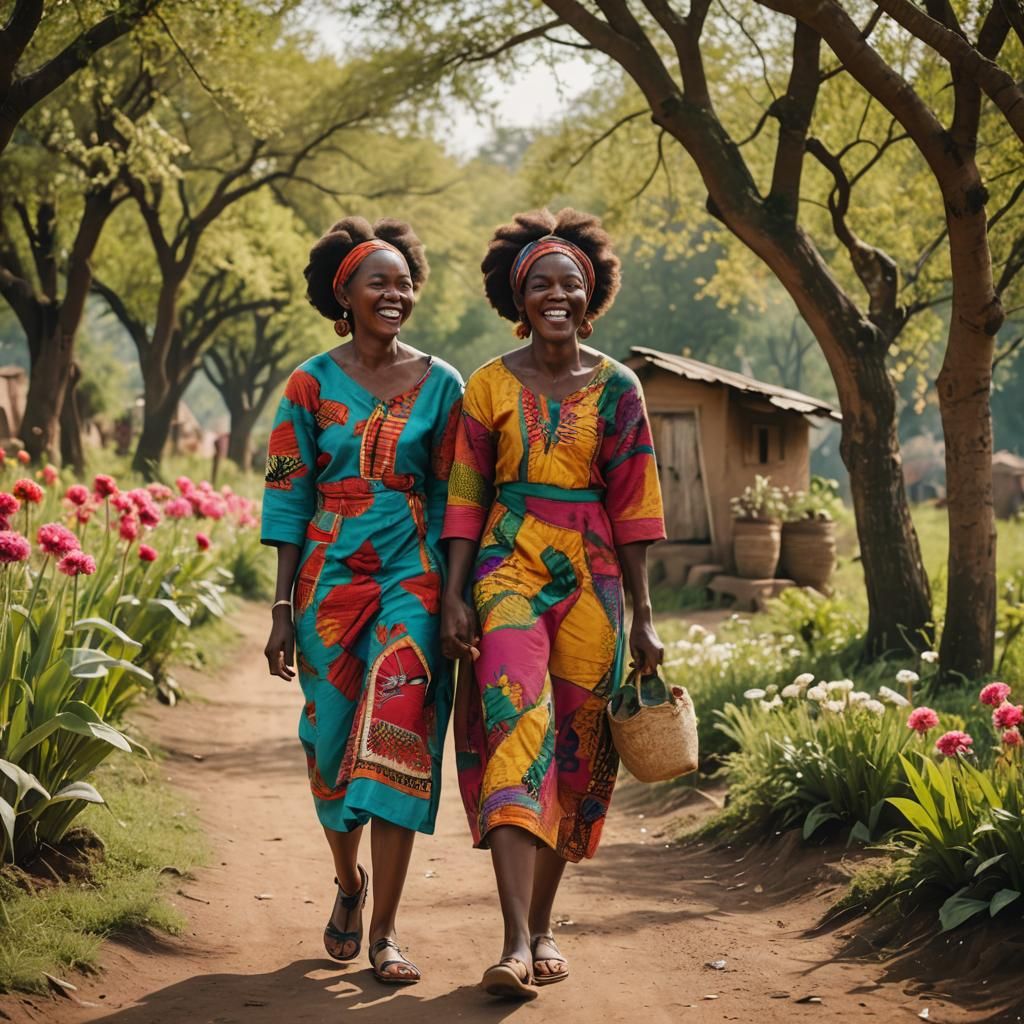 Happy African Women Walking Through Rural Village