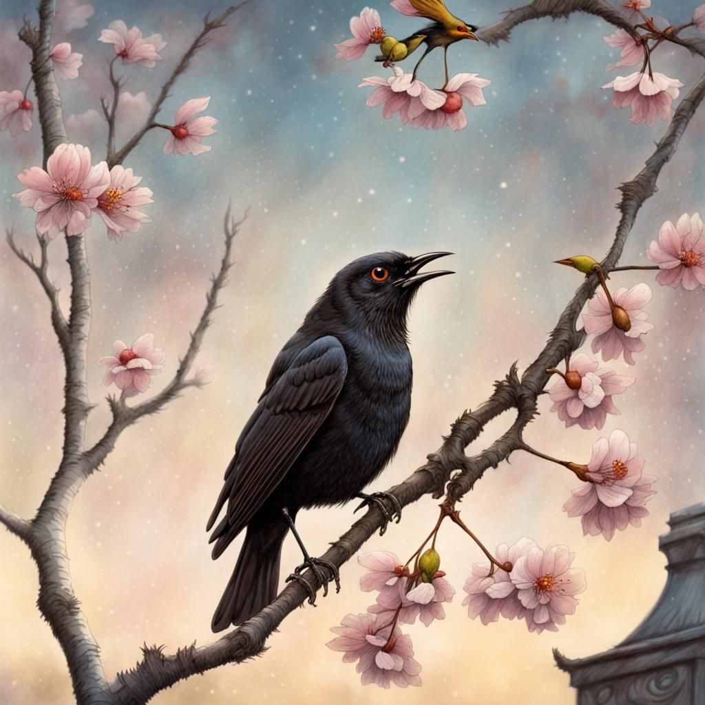 Blackbird and Elf Warbling on Cherry Branch