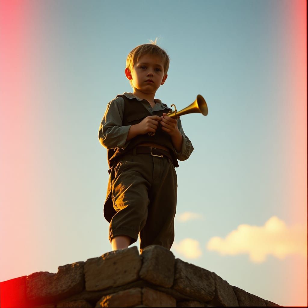 Boy on Stone Tower Playing Bugle at Sunset
