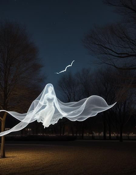 Translucent Ghost Gliding in Dark November Park