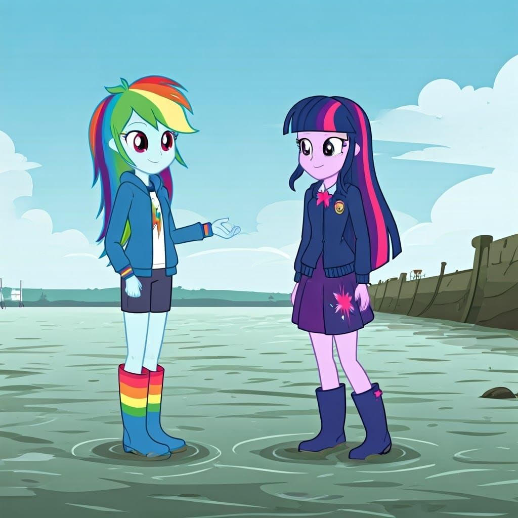 Human Rainbow Dash and Twilight Sparkle in Muddy Harbor