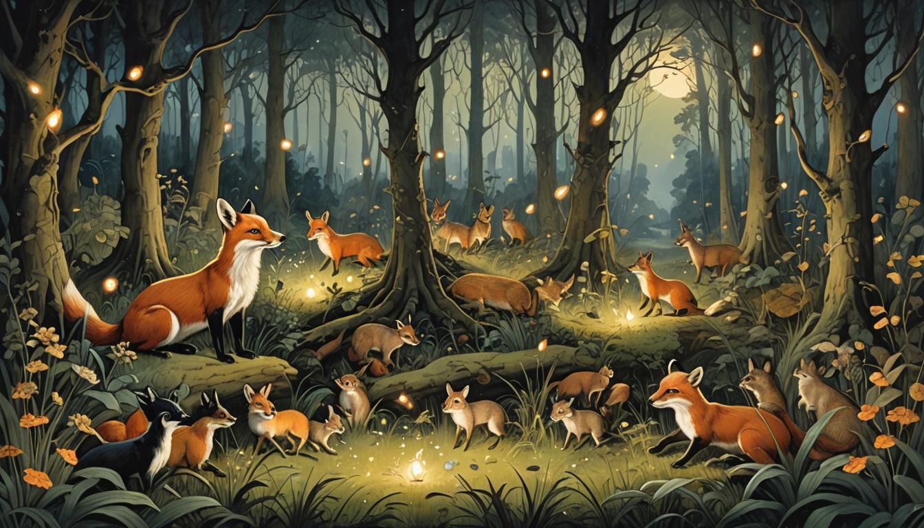 Glowing Fireflies in Woodland Scene: Fairy Tale Illustration