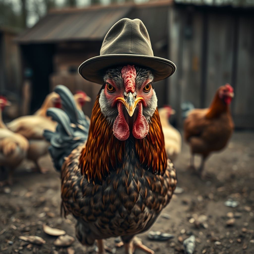 Grumpy Fedora Chicken in Vintage Farmyard