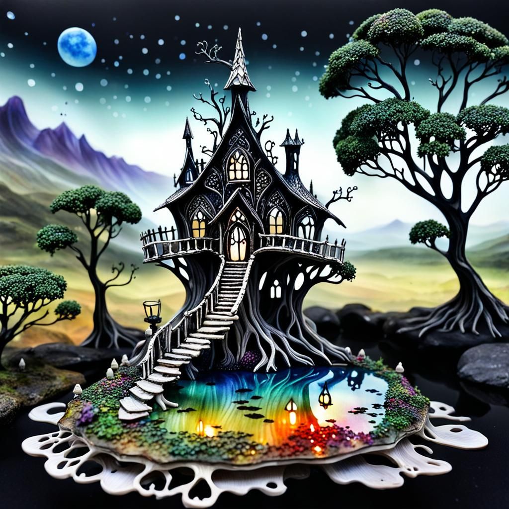 Gothic Fairy Treehouse in Alcohol Ink Style