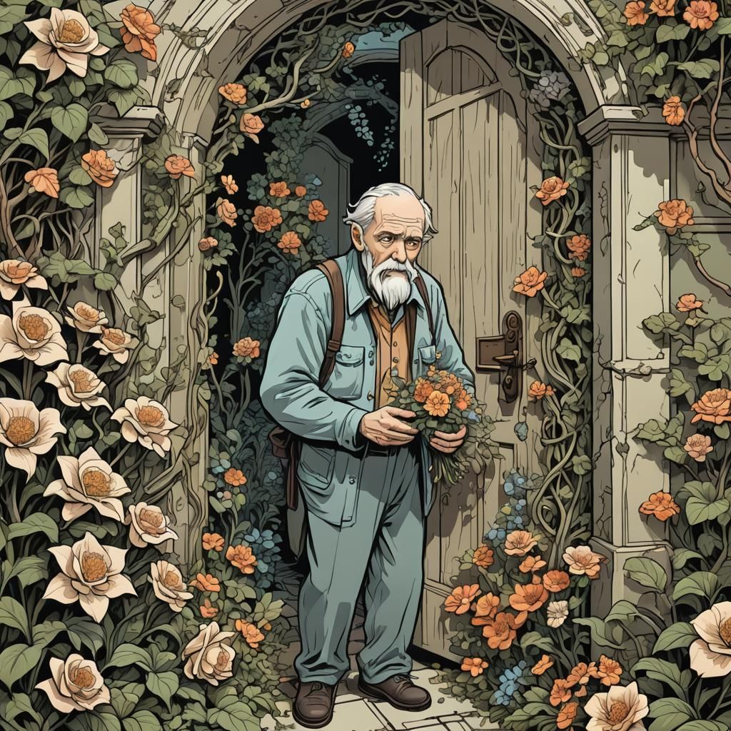 Escher Cartoon: Awkward Man at Impossible Door