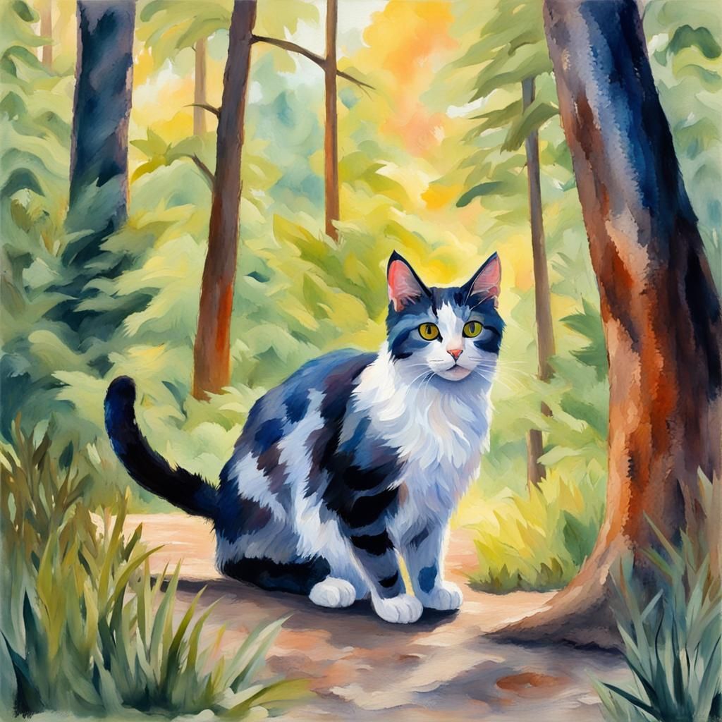 Cat in Forest: Gouache Watercolor Impressionist Painting