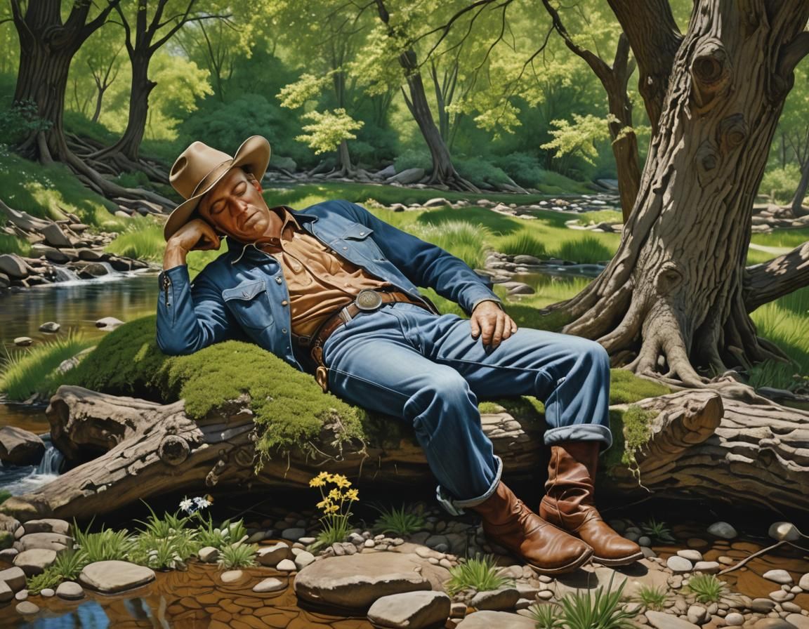 Cowboy Sleeping Peacefully in Glade, Photorealistic Style