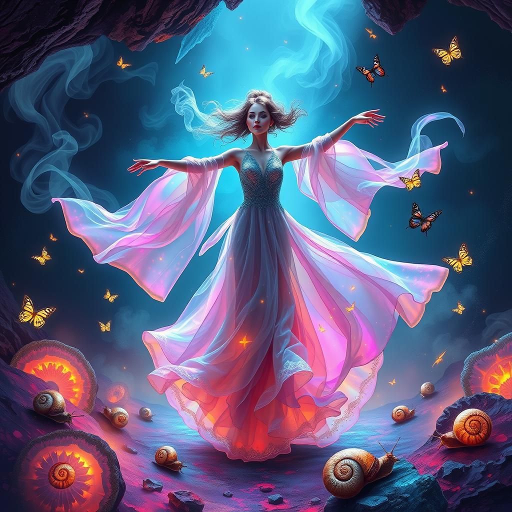 Ethereal Dancer in Bioluminescent Crystal Cavern