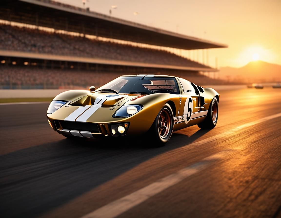 Golden Ford GT40 Race Car at Sunset