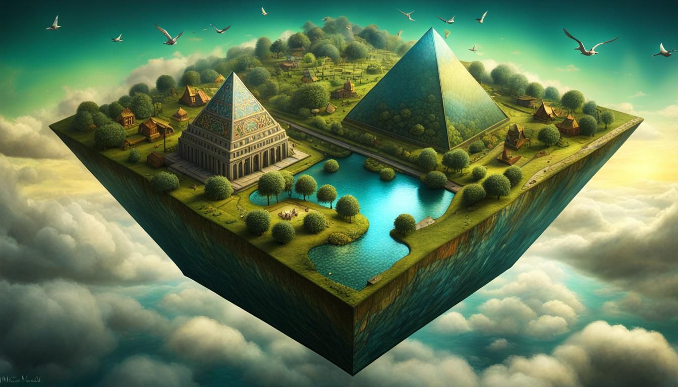 Stained Glass Pyramid in Surreal Cyber Landscape
