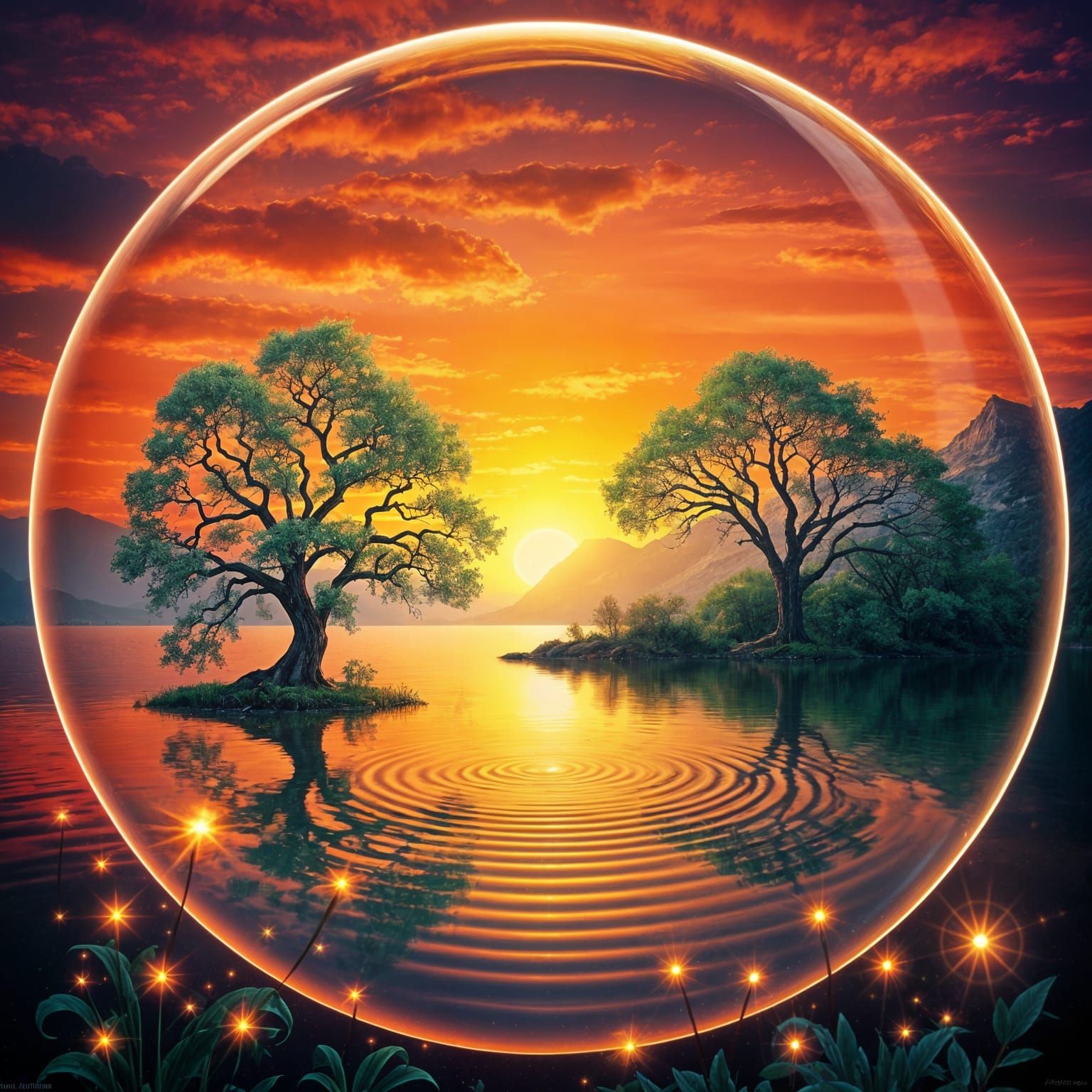Surreal Sunset Lake Scene in Vibrant Crystal Ball