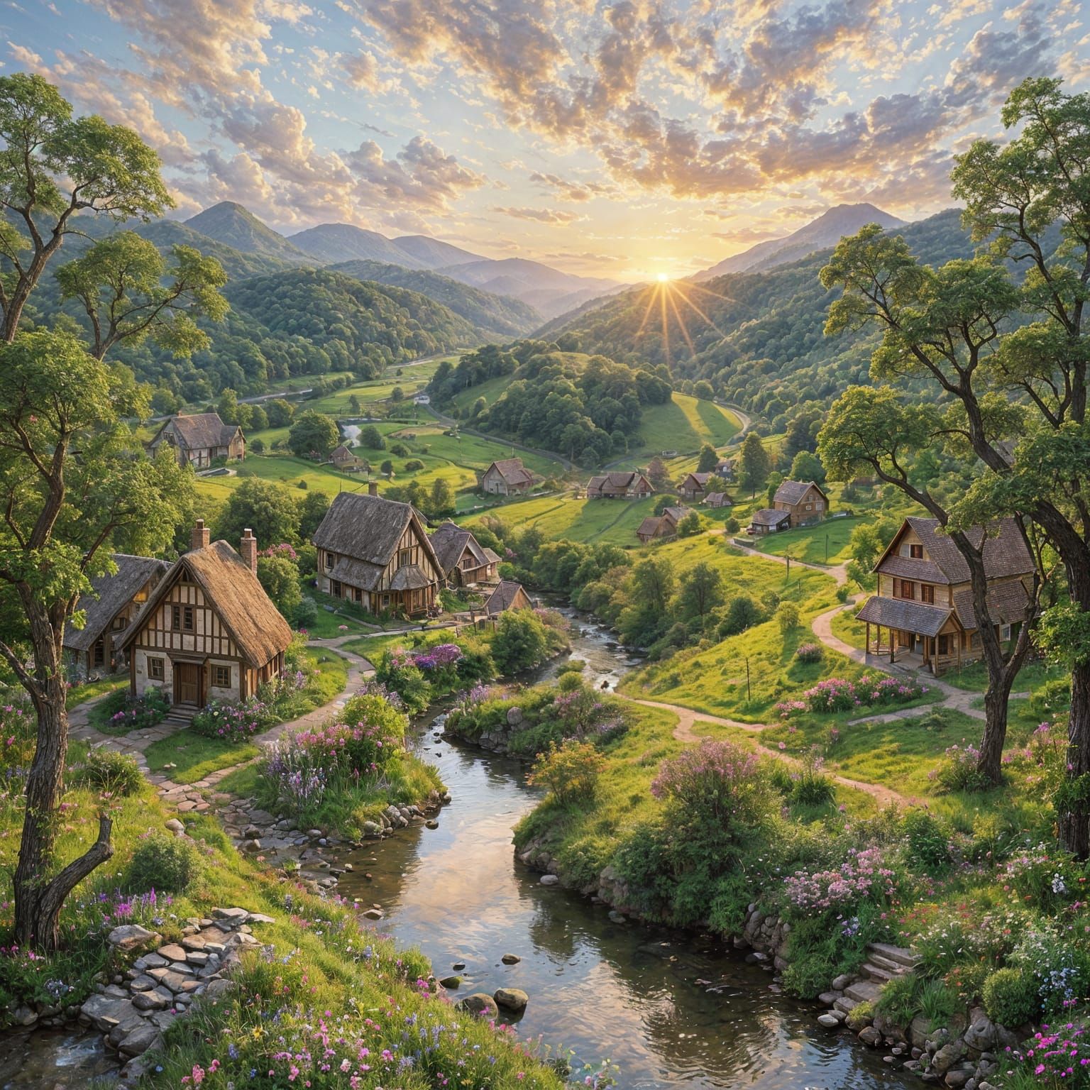 Serene Village Valley at Sunset, Classic Landscape Style