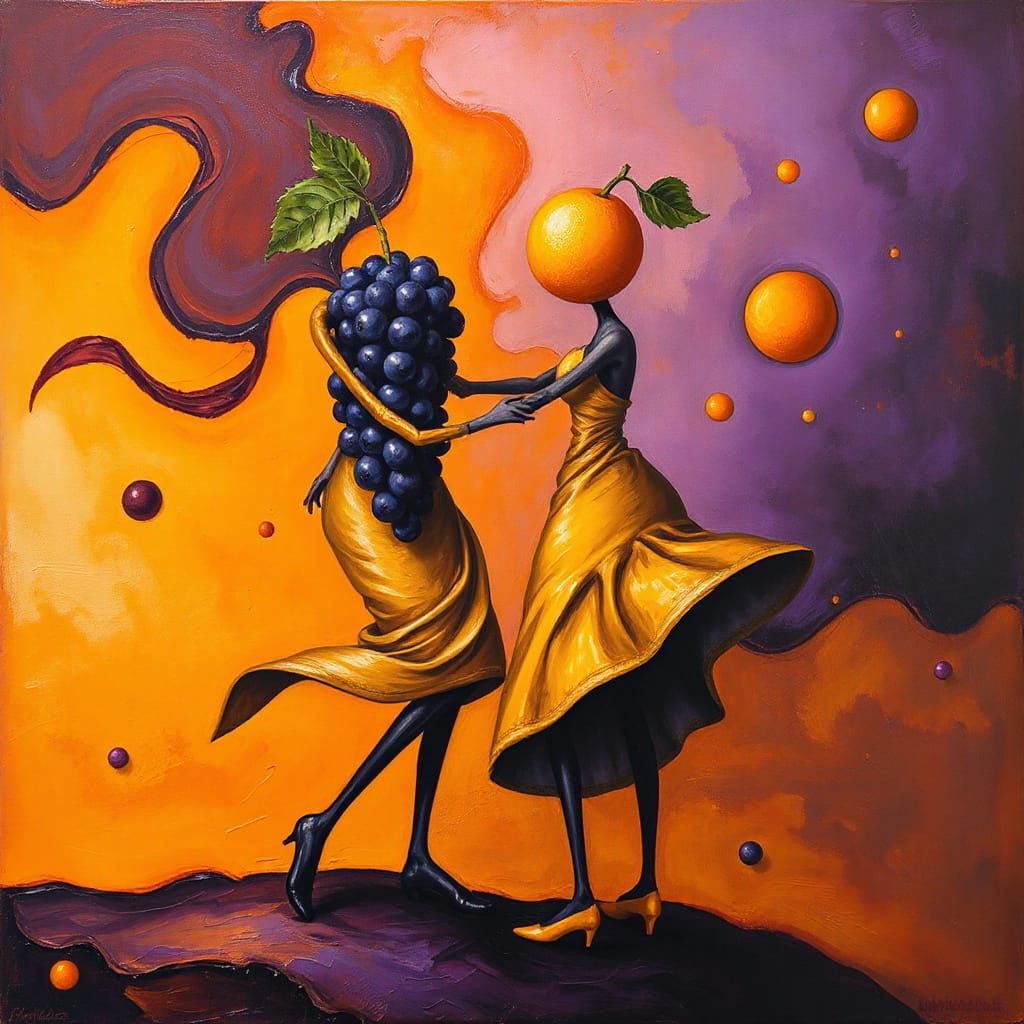 Dancing Grape and Orange in Vibrant Surrealist Style
