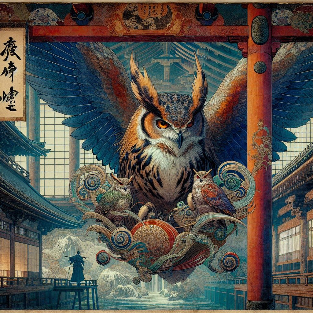 Owl in Japanese Dojo: Ukiyo-e Digital Rendering