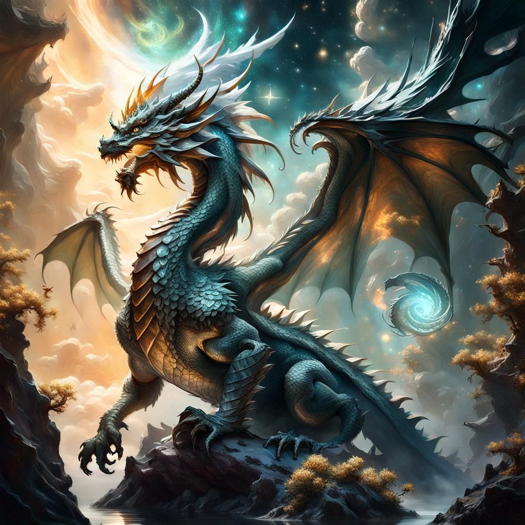 Adorable Feathered Dragon in Space, Digital Art