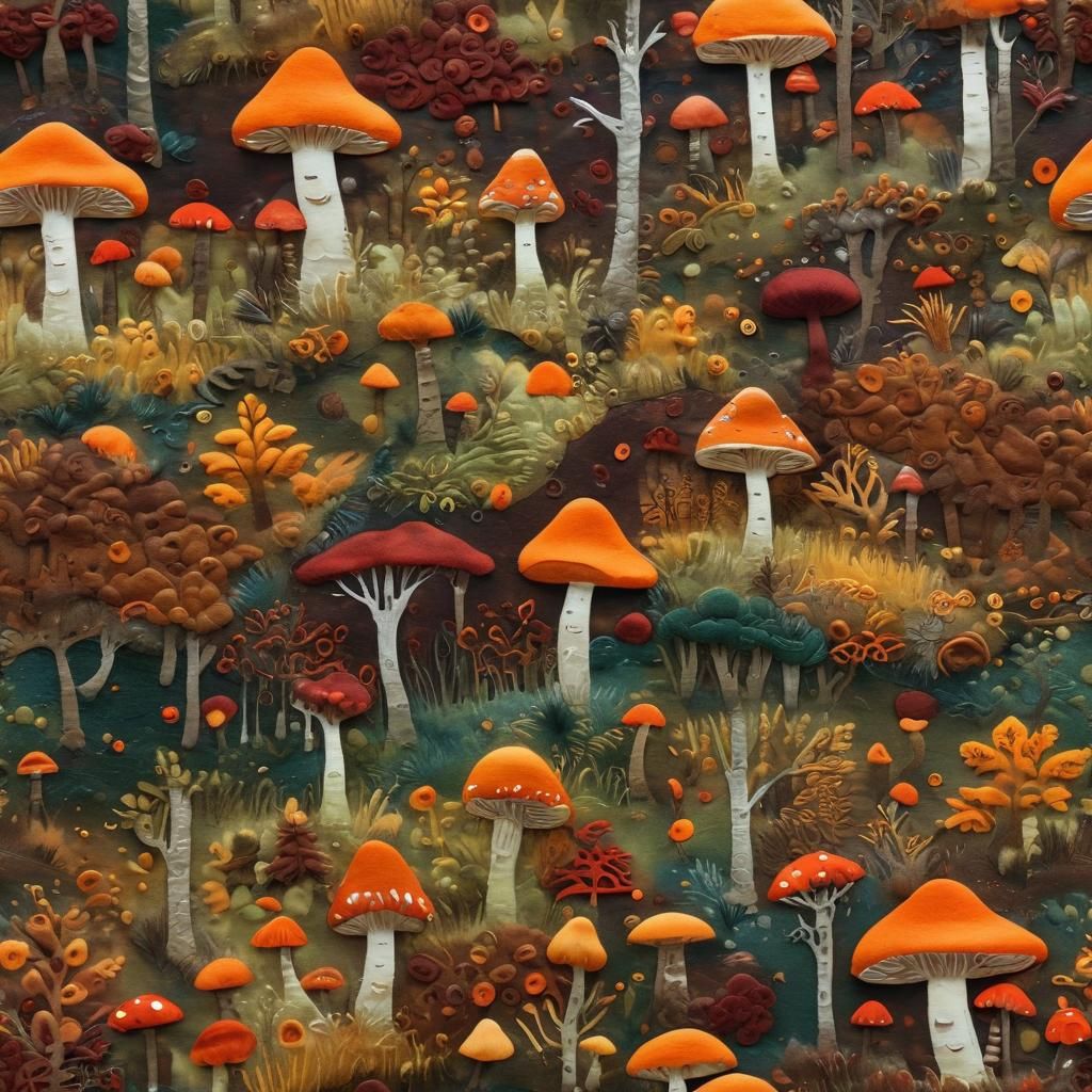 Whimsical Felt Forest with Maroon Mushrooms