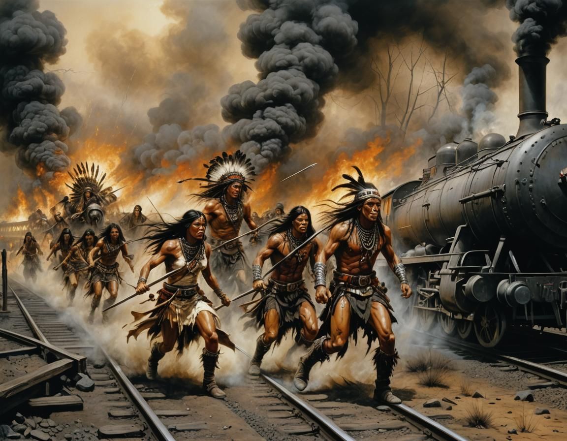native american warriors are attacking a train at crepuscule