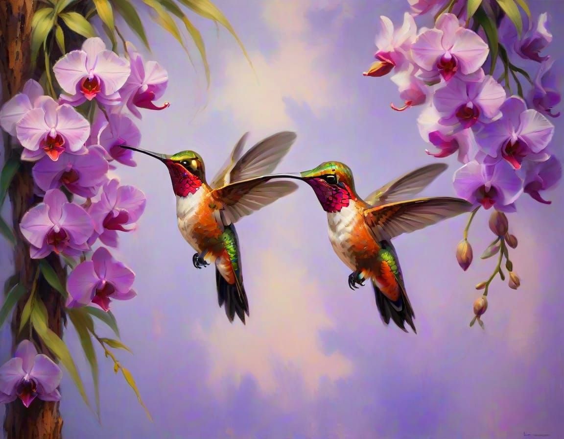 Impressionist Hummingbird Sipping Nectar Amidst Vibrant Purp...