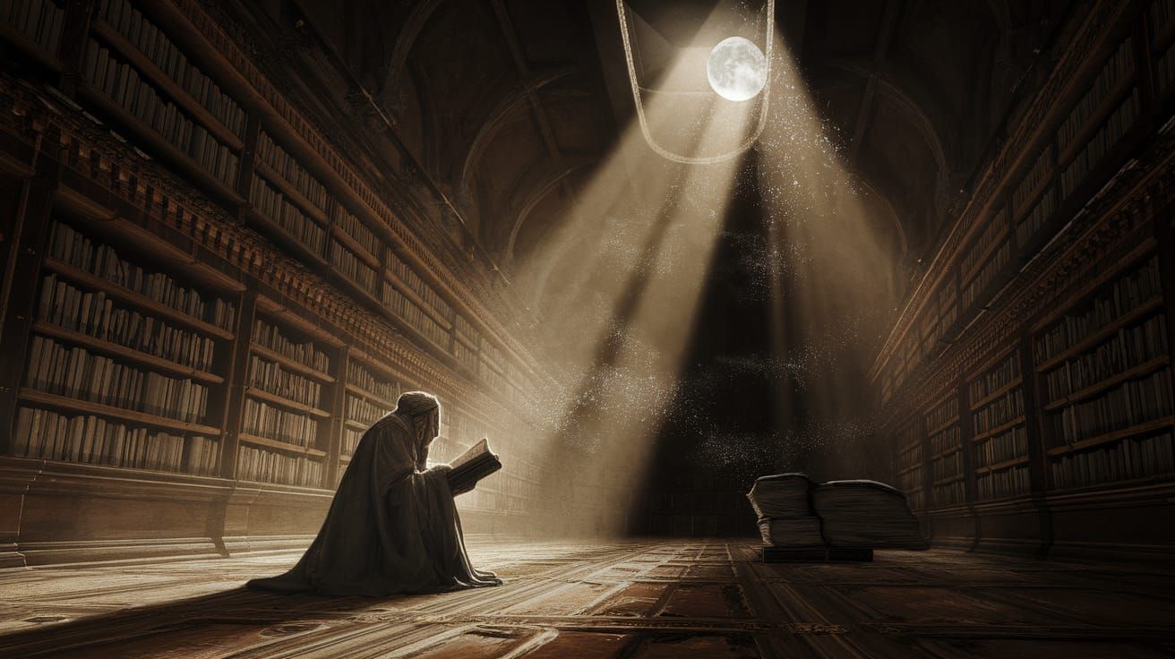 Scholar in Vast Library of Forgotten Lore