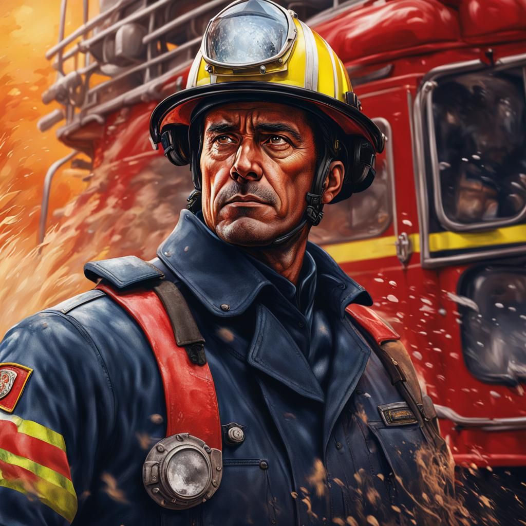 Hyperrealistic Portrait of French Firefighter in Splash Art