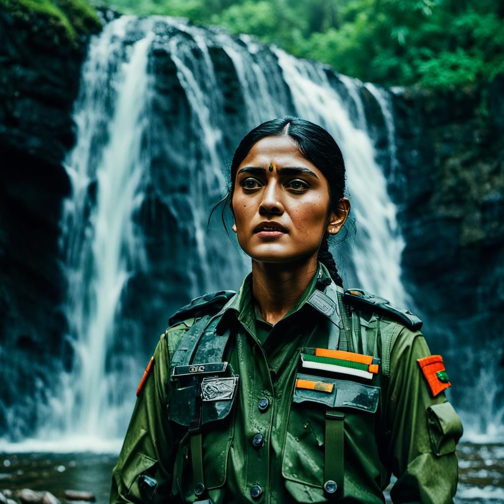 Indian Army Personnel Posing at Waterfall: Cinematic Film St...