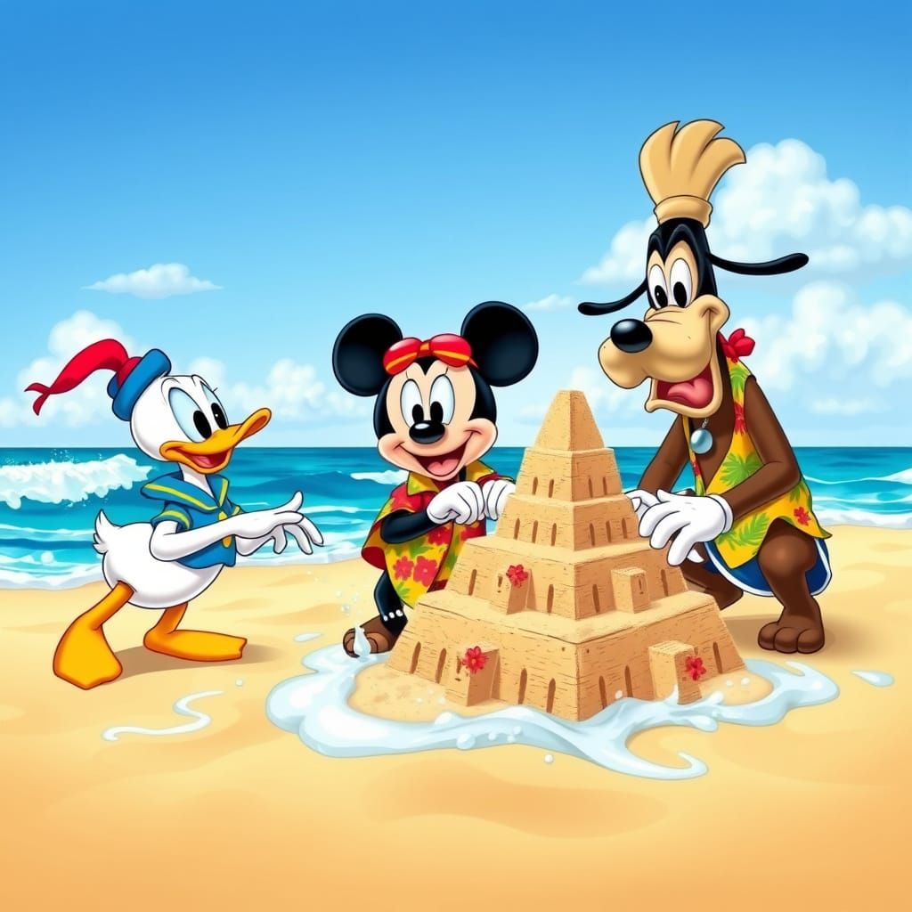 Donald, Mickey, and Goofy Build Sandcastle in Cartoon Style