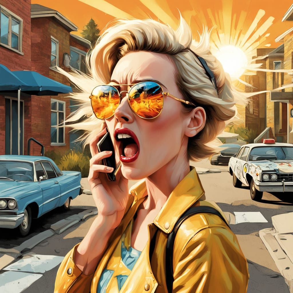 Satirical Suburban Scene in Pop Art Style