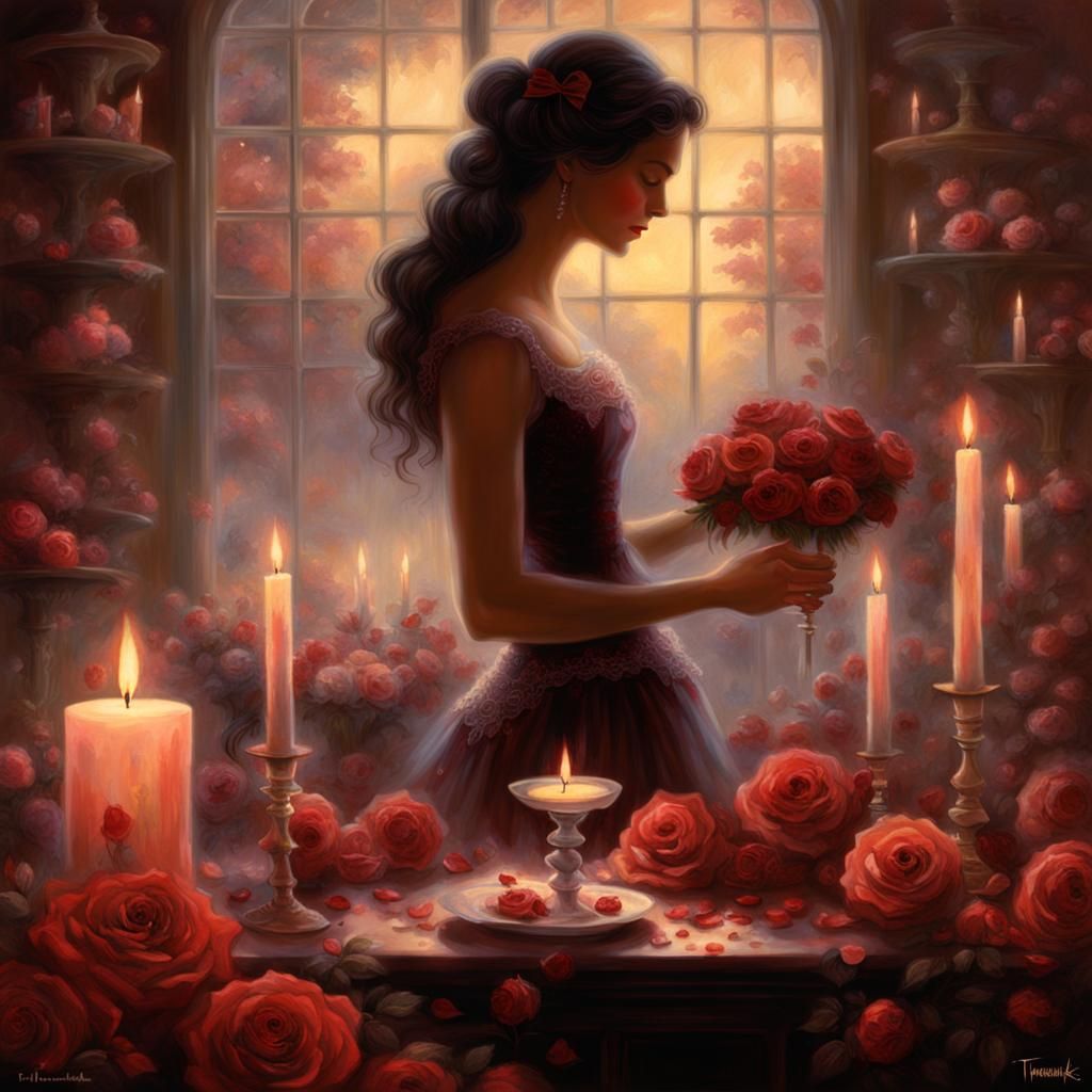 Ethereal Woman Silhouette with Roses and Candles