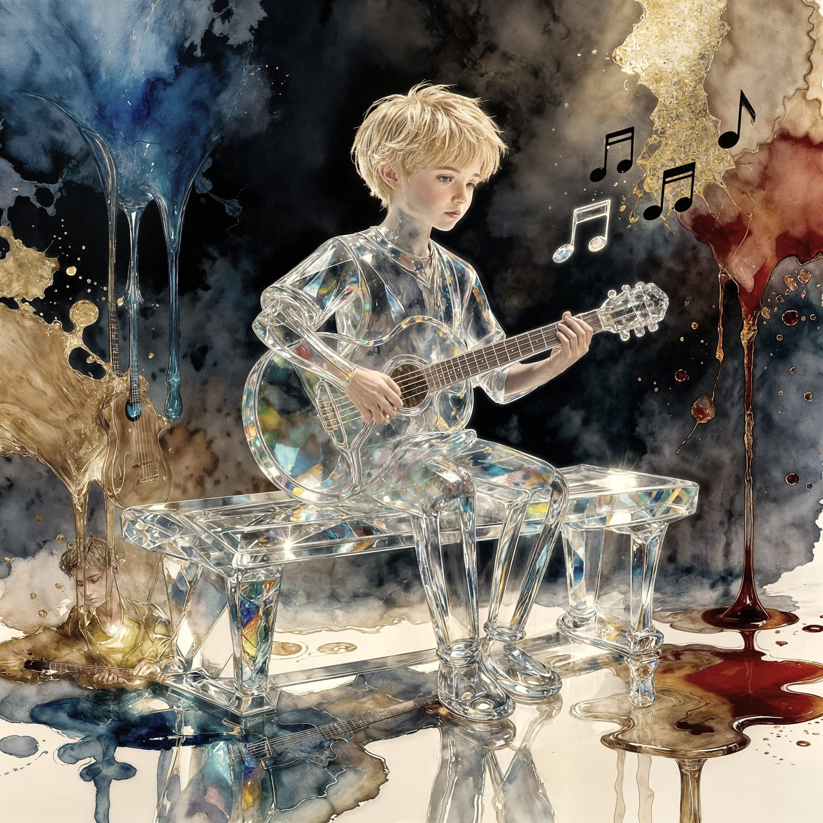 Crystal Glass Boy Plays Guitar Amidst Watercolor Flow