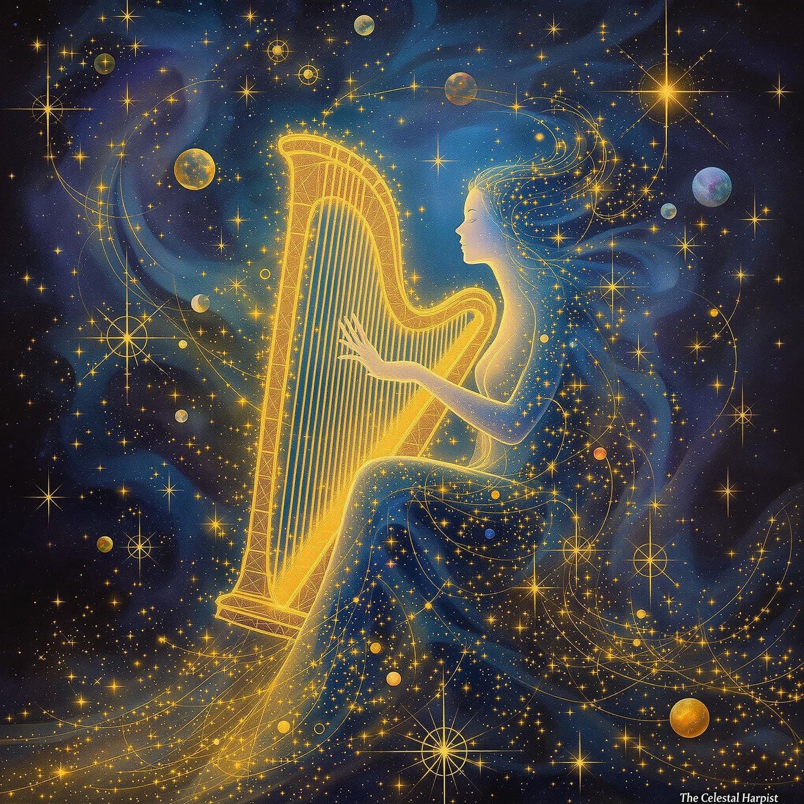 Surrealist Cosmic Harpist in Infinite Harmony