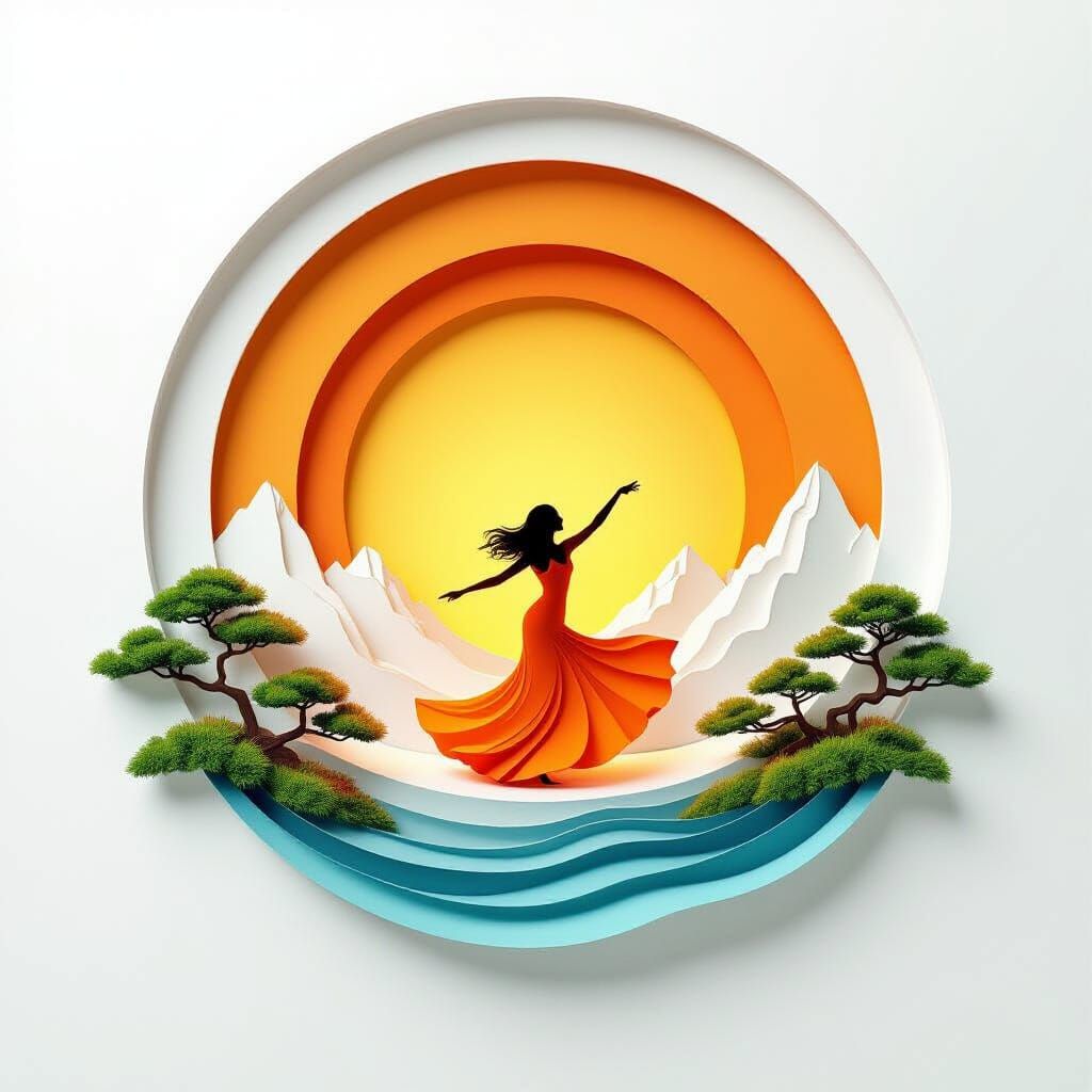 Woman Dancing in Sunset Gradients, Abstract Lake Scene