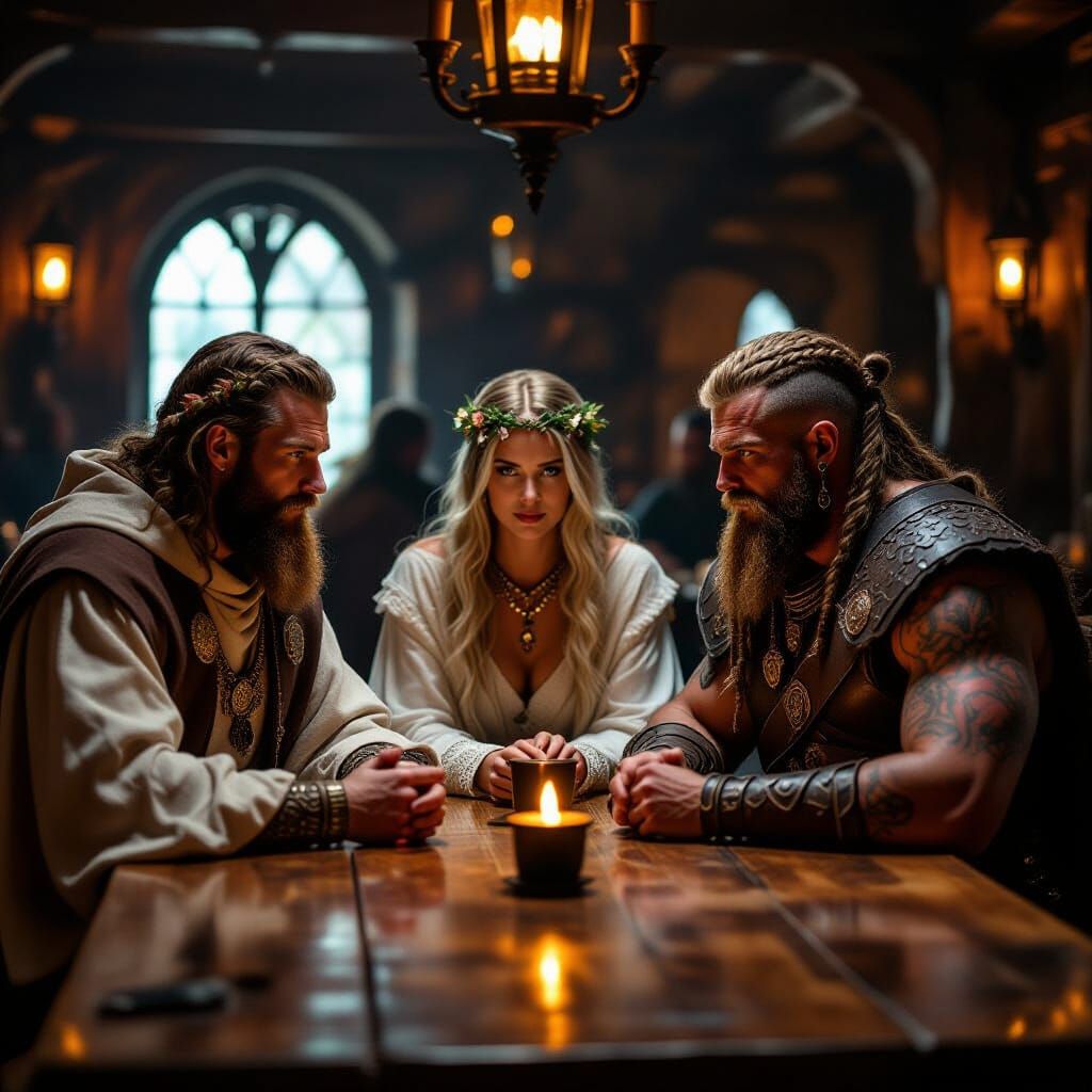 Tavern Meeting: Priest, Druidess, and Viking in Cinematic Li...