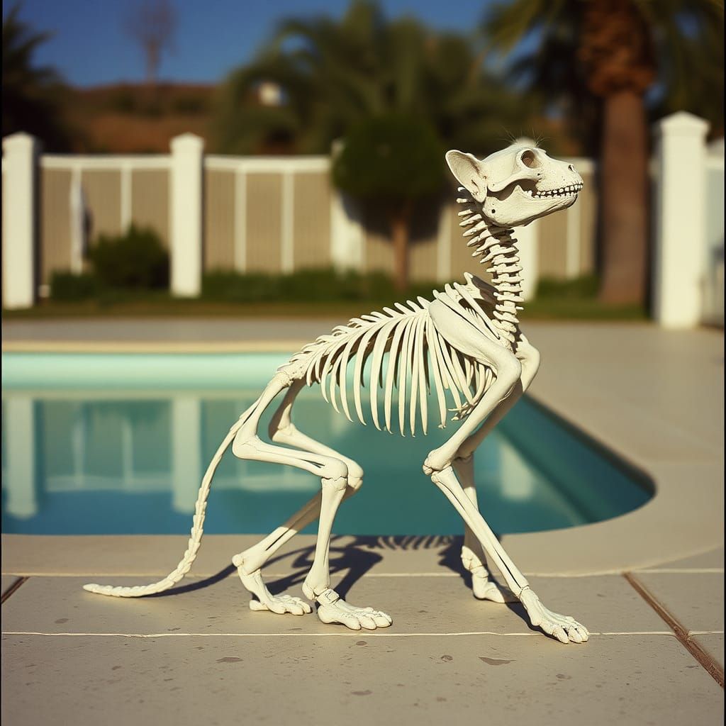 Surreal Skeletal Cat Poolside Fine Art Photo
