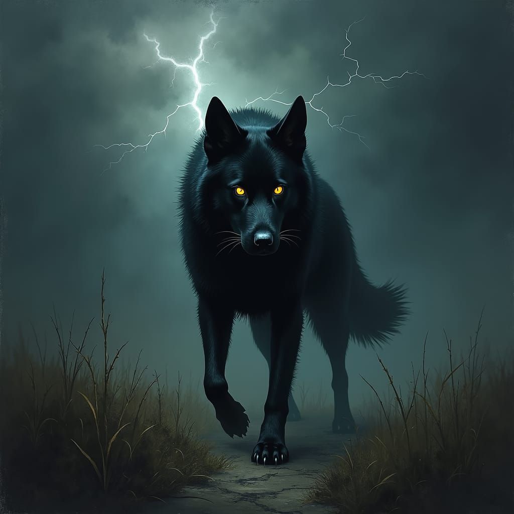 Phantom Black Dog Emerges in Gothic Landscape