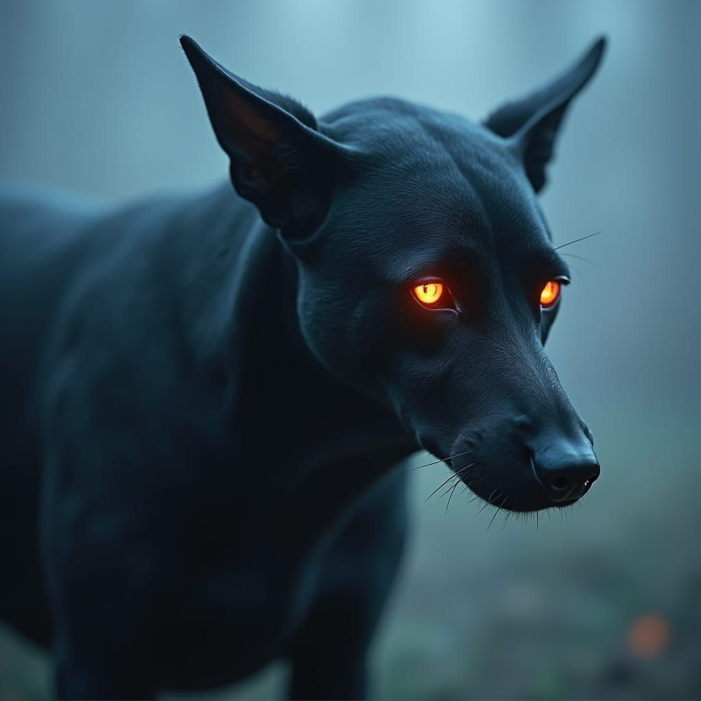 Mystical Black Dog with Glowing Eyes in Dark Fantasy
