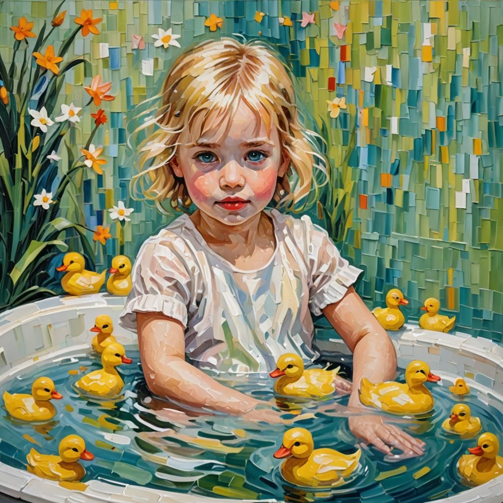 Girl in Bath with Ducks: Expressionist Oil Painting
