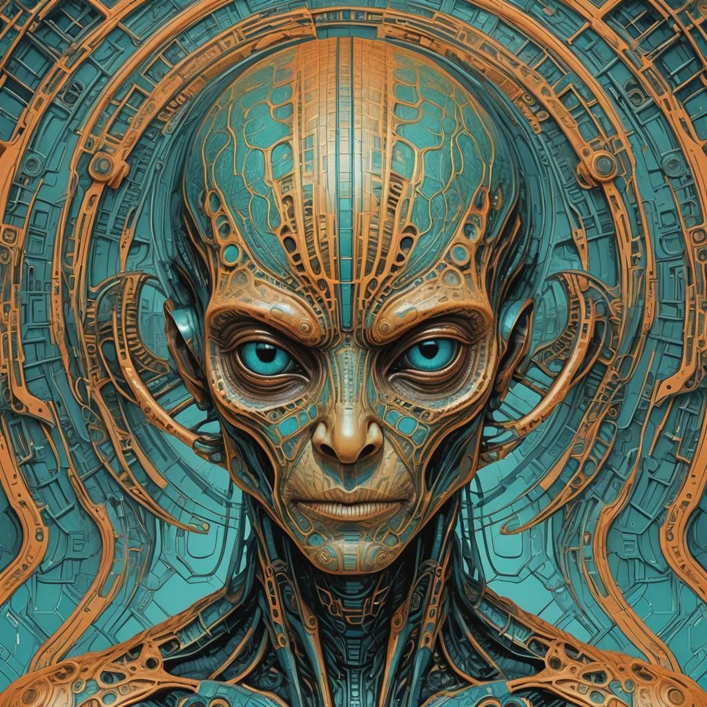 Symmetrical Alien Portrait in Cyan and Orange