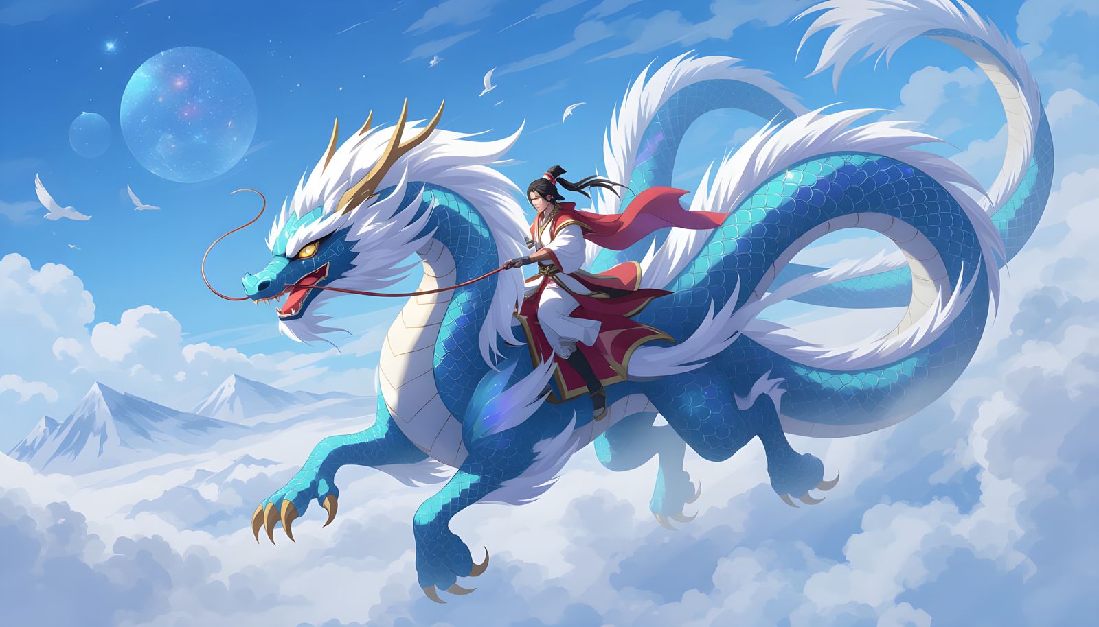 Eastern Dragon and Rider in Misty Sky