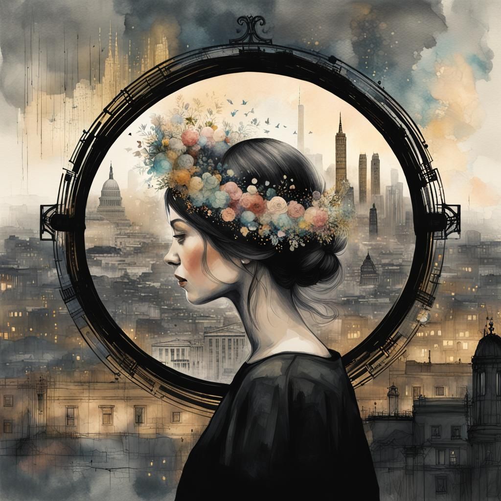 Floral Crown Woman in Dreamy Watercolor Cityscape