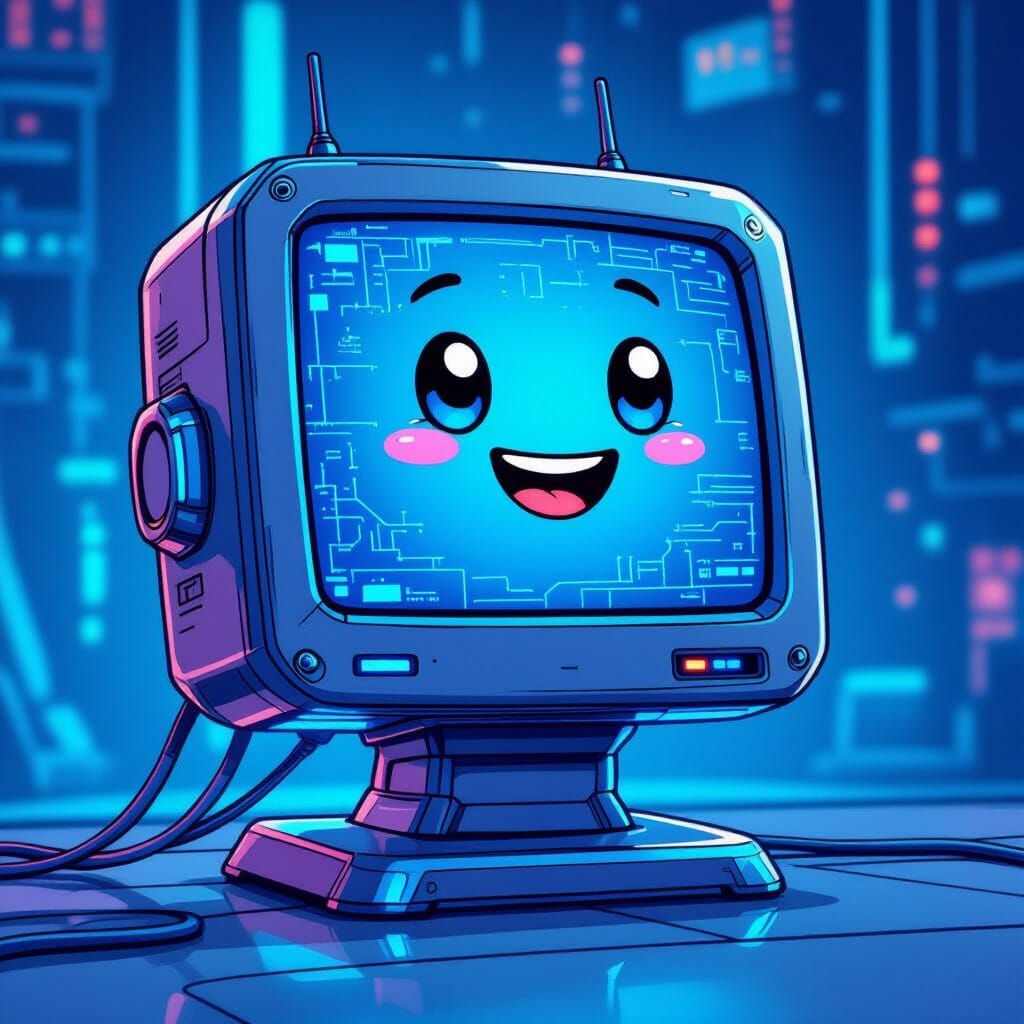 Friendly Futuristic Computer with Linux, Cartoon Style